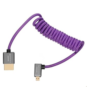 KONDOR BLUE x Gerald Undone | Left Angle Micro HDMI Type D to Full HDMI 2.0 Coiled Cable 12-24 Braided | 4K 60Hz 18Gbps HDR, 3D, Reinforced | for On-Camera Monitors & Recorders + More | Purple