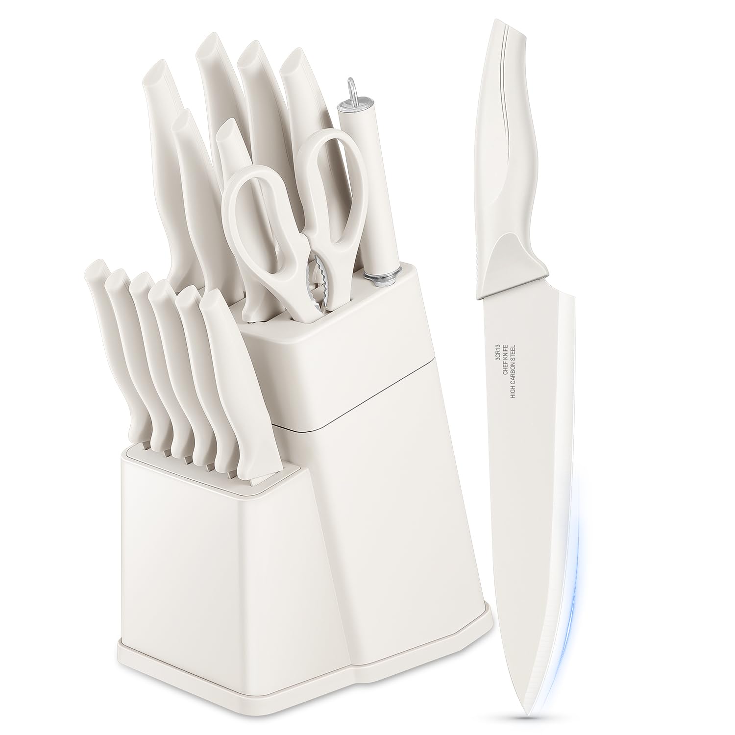 Vesteel Knife Set for Kitchen with Block, 15 Pcs High Carbon Stainless Steel Kitchen Knife Set with Self Sharpening - White