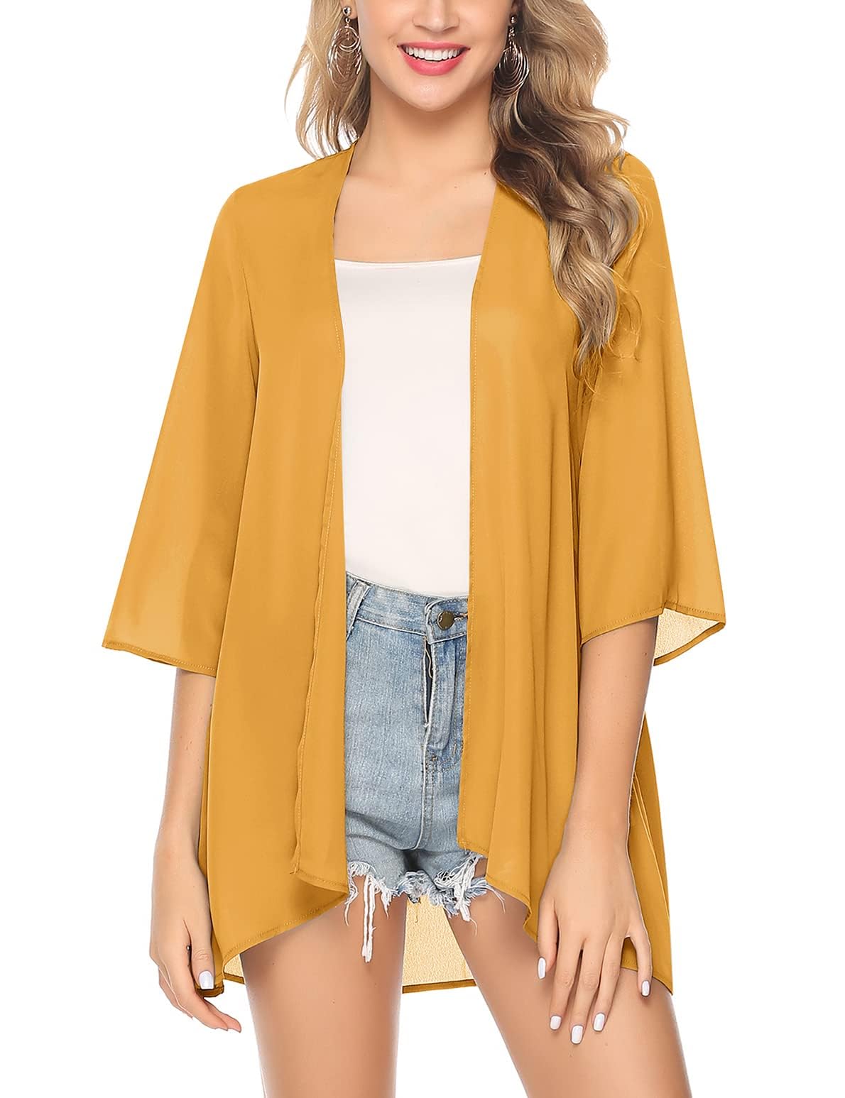 Irevial Cardigan Kimonos Mujer Playa Manga 3/4 Chaqueta Kimono Ligera Sólido Chal Bikini Cover Up Sexy para Vacaciones Fiesta Verano Amarillo, XXL