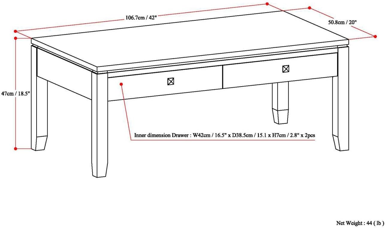 SIMPLIHOME Cosmopolitan Coffee Table - 42 inch Wide Solid Wood Contemporary Rectangle Cocktail Table in Mahogany Brown, Stylish Living Room Table with 2 Drawers and Square Brushed Nickel Knobs