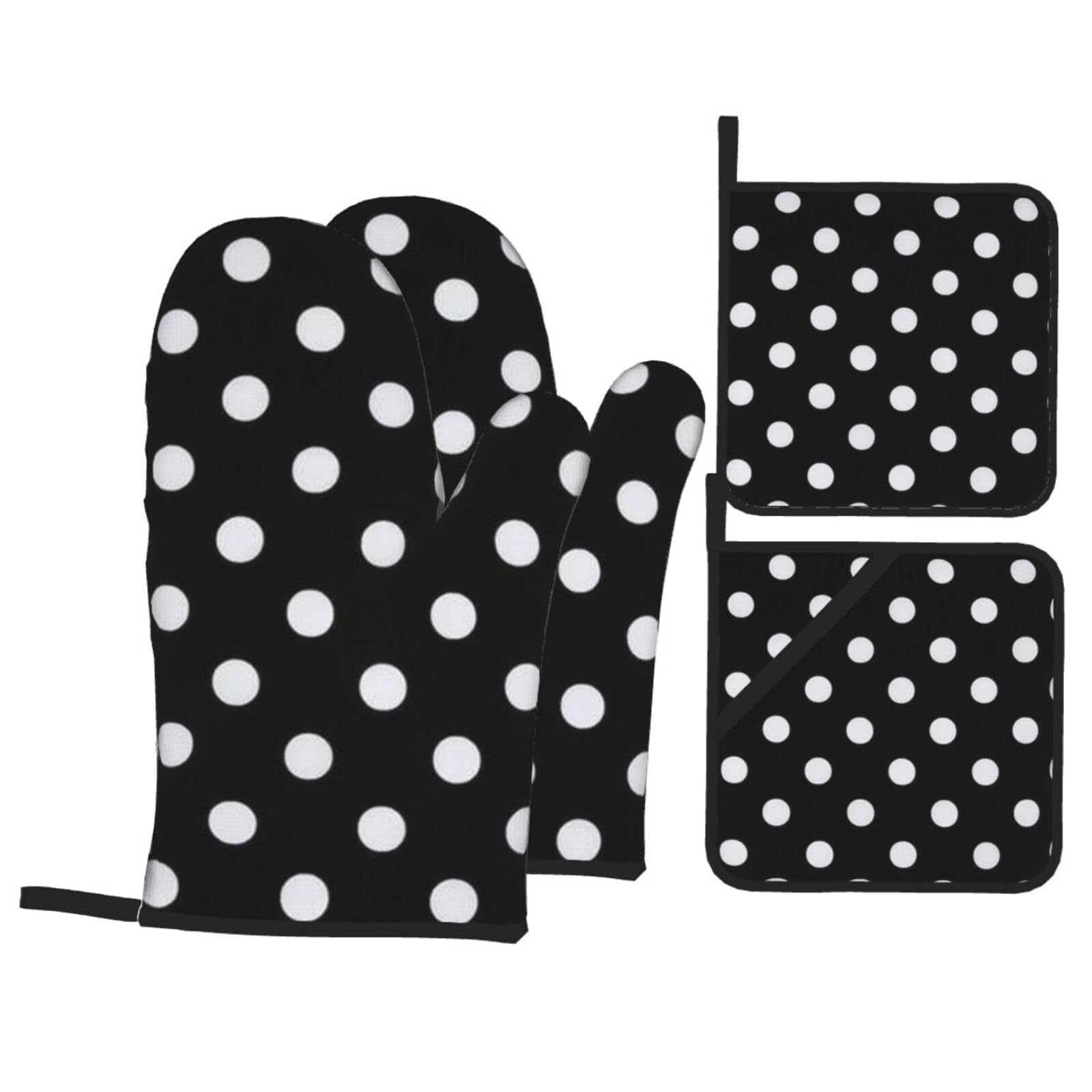 Black & White Big Dot Print Stylish Heat-Resistant Oven 4-Piece Set Kitchen Gloves Roasting Daily Cooking