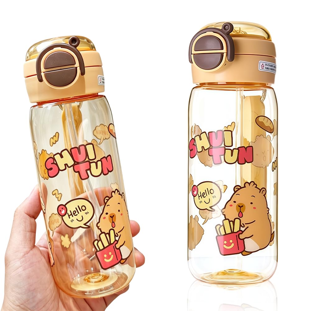 Hatfryf Brown Capybara Water Bottle With Straw, 600Ml Capybara Drinking Bottle, With Silicone Straw Drinking Cup & Spout, Double Drinking Leakproof Bottles Cup Drink Flasks Kettle, Gifts For Students