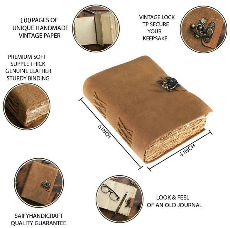 Image of DI-KRAFT Handcrafted A5 120 GSM Vintage Paper Printed Diary Leather Writing Diary With Buckle Lock Notebook Unruled Personal Diaries Leather Journal for Office - 5x7 Inch 200 Pages (Brown Quote3)