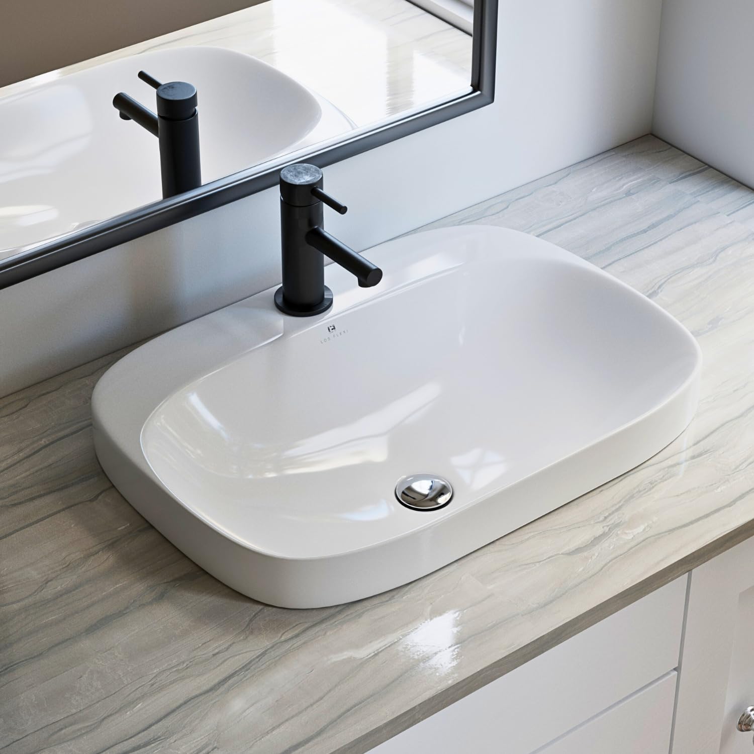 24″W x 17″D Drop In Bathroom Sink, Los Flexi White Rectangular Semi Recessed Bathroom Vessel Sink with Pop-Up Drain Kit, Single Faucet Hole, Above Counter Basin for Bathrooms