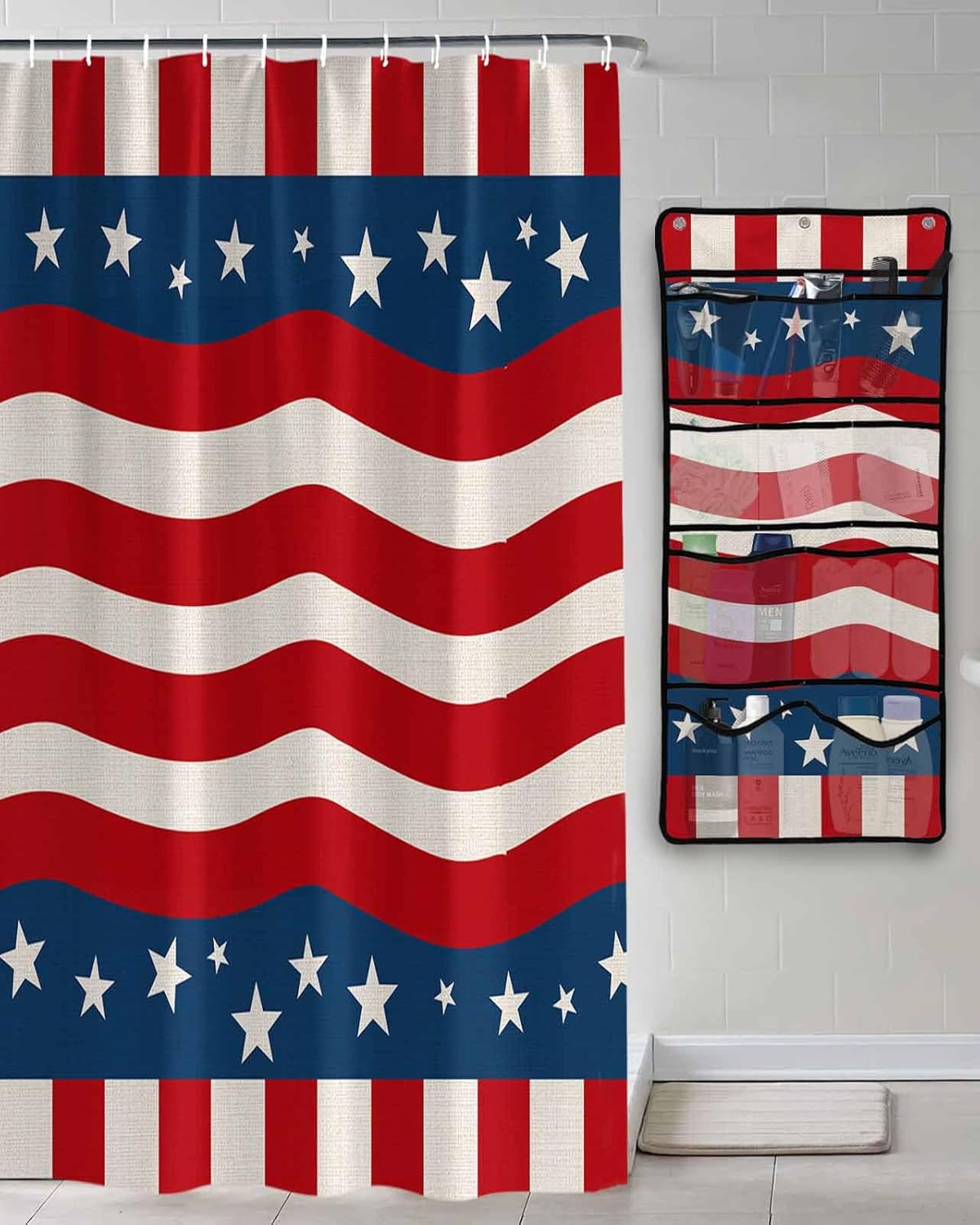 Shower Curtain Mesh Shower Organizer Hanging Set Flag Day America Flag Pentagram Cotton Linen Waterproof Shower Curtains with