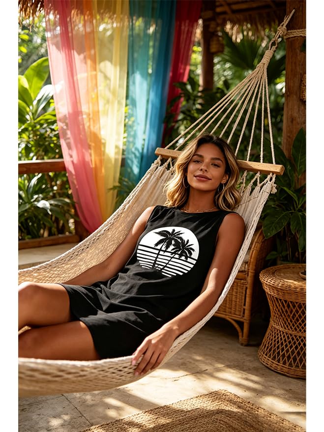 Image of Sun Salt Sand Coconut Tree Tank Mini Dress for Women Sleeveless Beach Praty Shirts Summer Vacation Short Mini Dresses