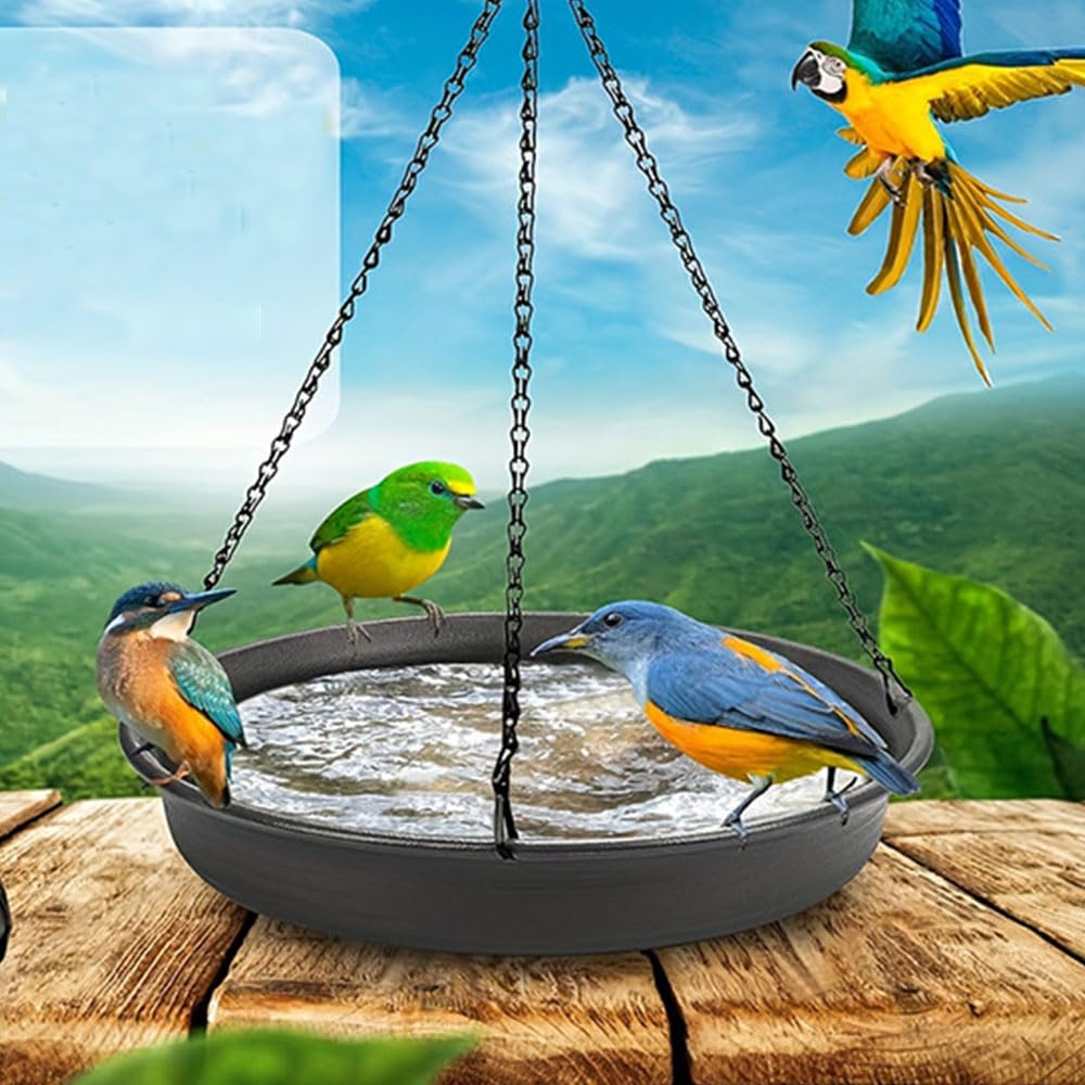 Comedero colgante para pájaros y cuenco de agua, bandeja de baño para pájaros con cadena colgante, perfecto para bebedero y estación de alimentación de pájaros silvestres