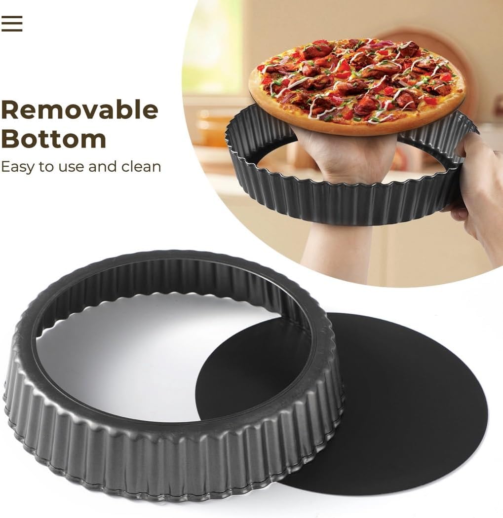 2 Packs of 11-Inch Pie Tins, Nonstick Tart Pans with Removable Base, Carbon Steel Round Fluted Quiche Pie Pans Baking Dish Accessories