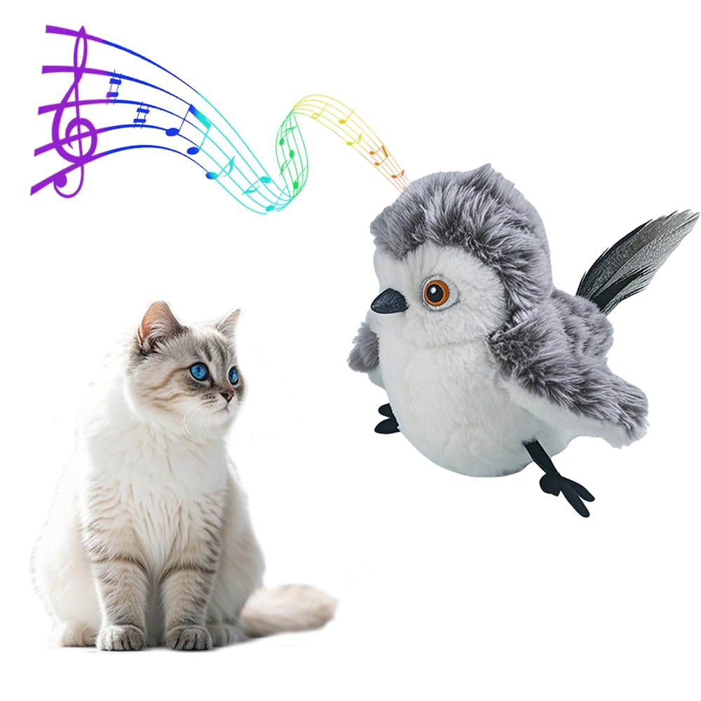 Flapping Bird Cat Toy - Interactive Flying Bird Toy for Cats with Chirping Sounds, Cat Toys for Indoor Cats Adult, Rechargeable Plush Design (Gray)