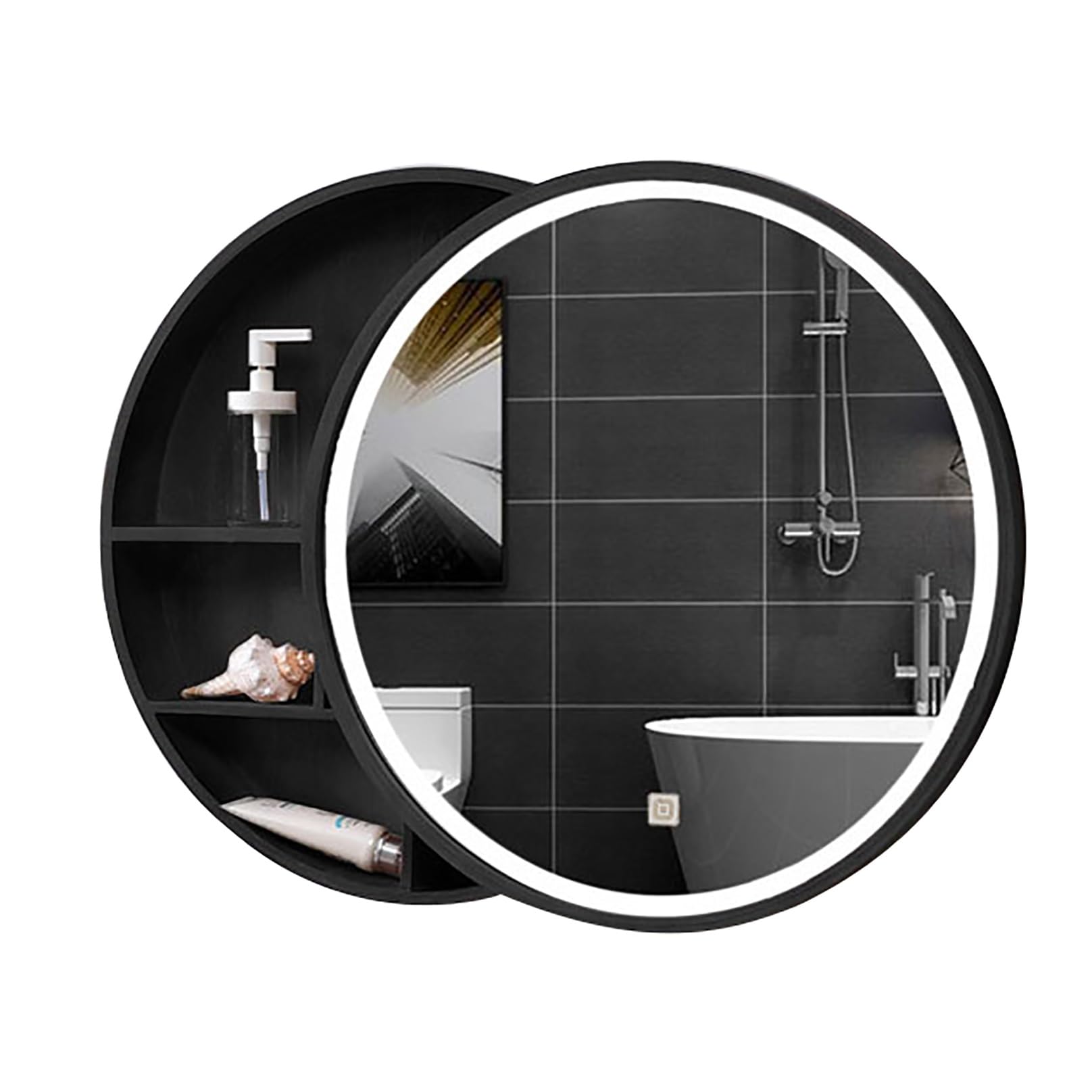 Armoire circulaire suspendue en verre et cadre noir pour intérieur design
