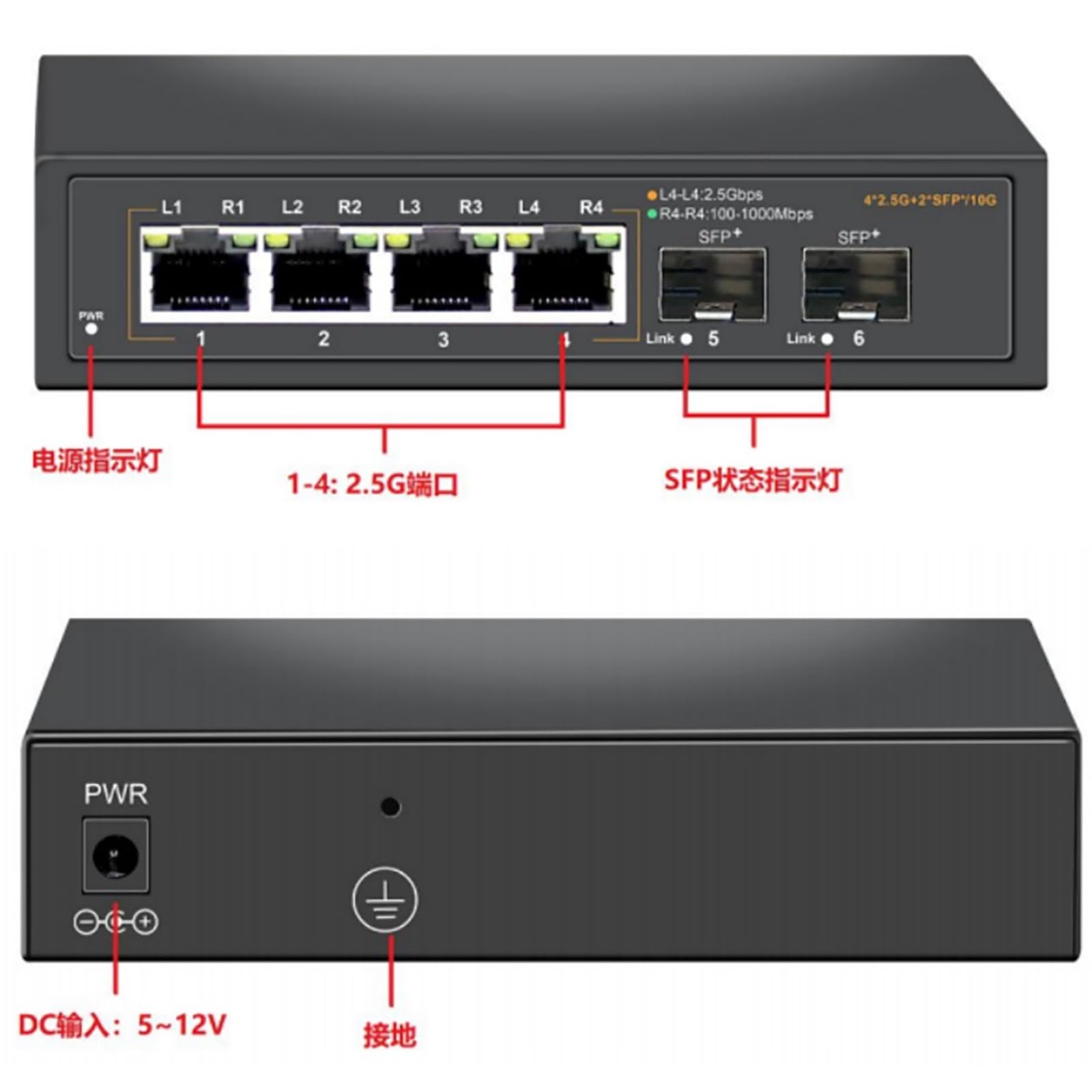Commutateur Ethernet 2,5 Gbit/s 4 ports 2500 Mbps Commutateur réseau 2 ports 10 G SFP+ Hub Internet Splitter Plug and Play (Plug and Play)