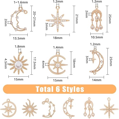 Miniatura 2 de DICOSMETIC 24 dijes de 6 estilos de diamantes de imitación de estrella y luna, circonitas cúbicas chapadas en oro claro, colgantes de luna