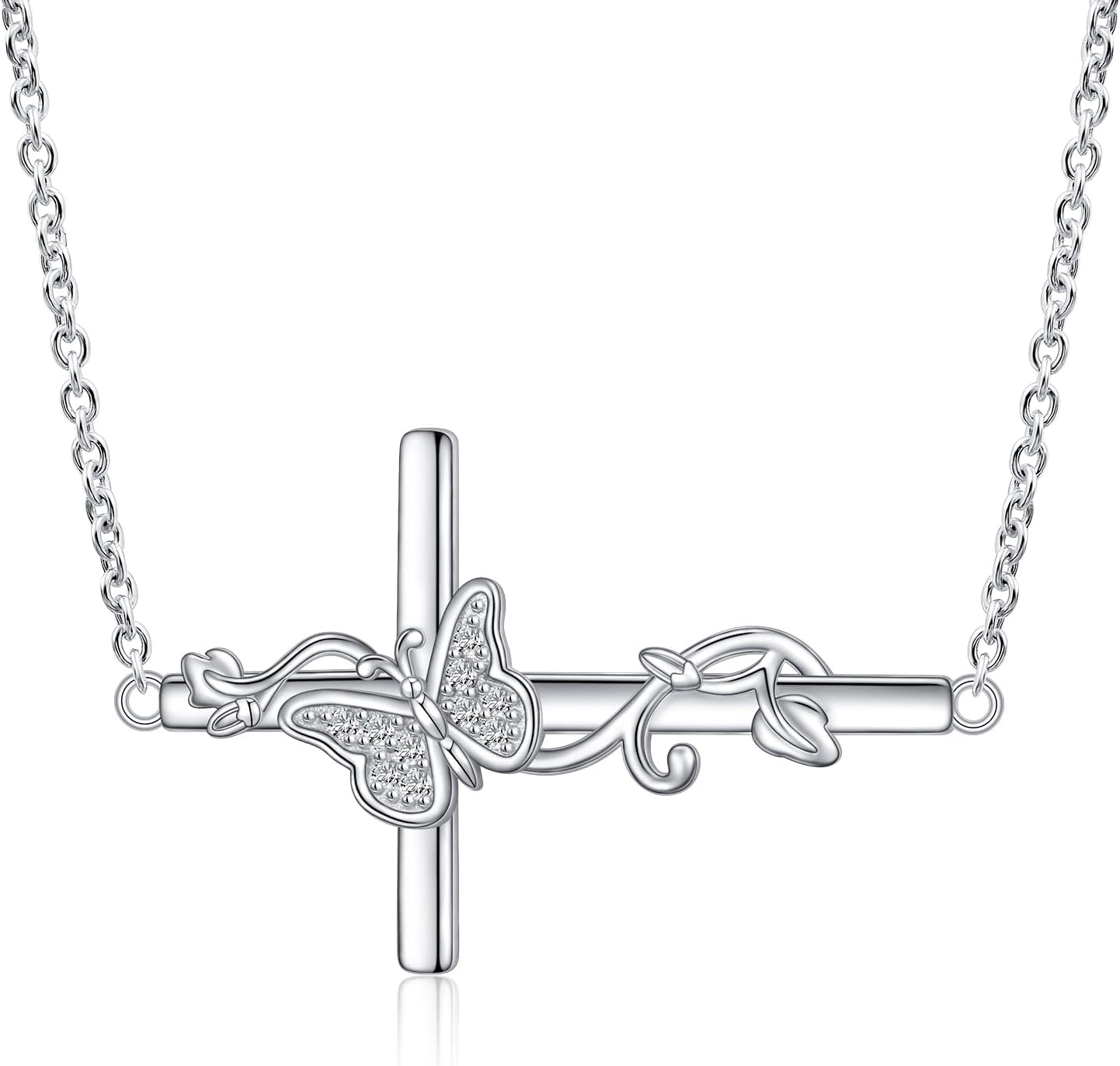 DAOCHONG S925 Sterling Silver Cross Pendant Necklace for Women Men Note Music Flower Panda Pentacle Jewelry