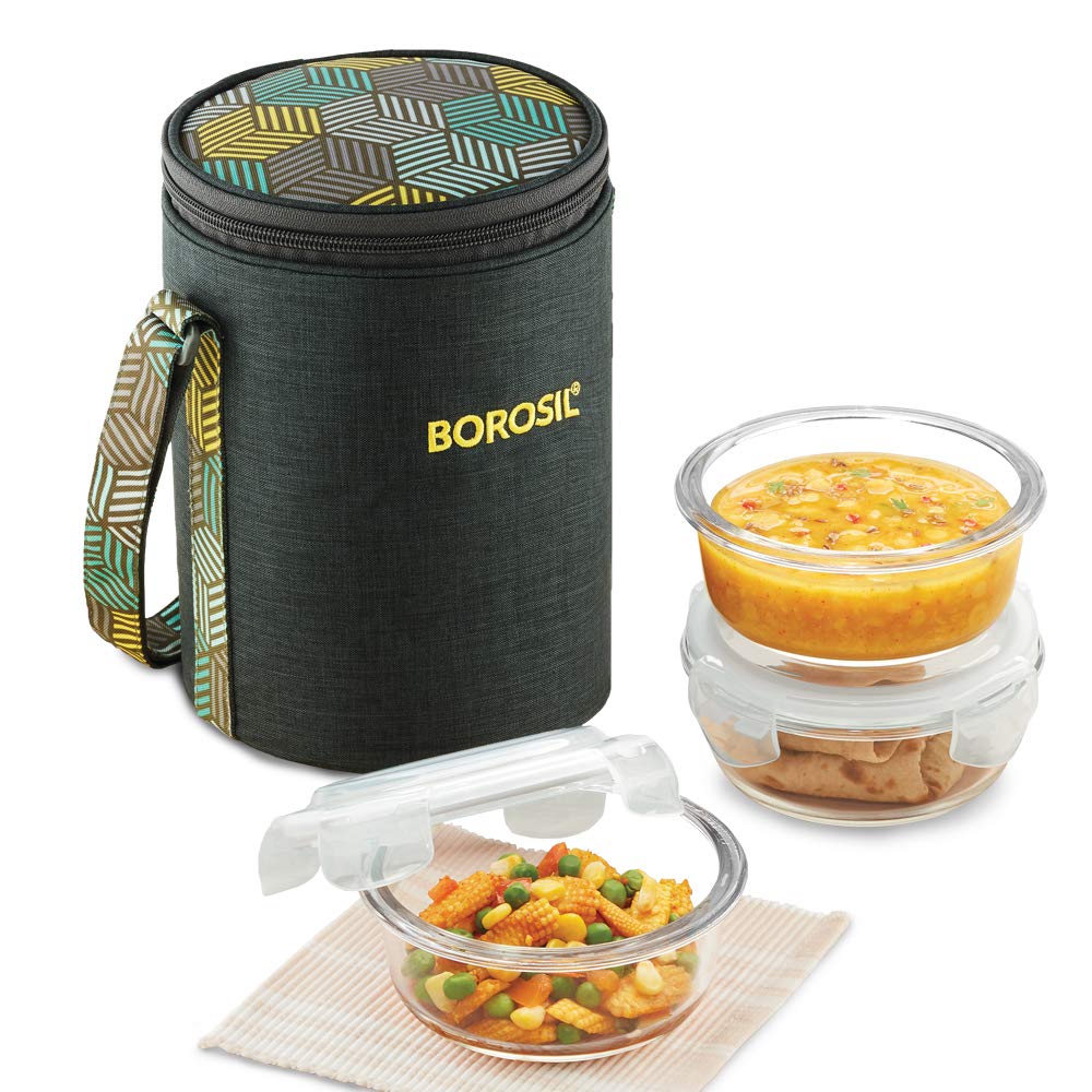 Borosil Foodluck Olive Lunchbox | 400ml x 3pc Round Container Set| Made in India Borosilicate Glass | Microwave & Dishwa