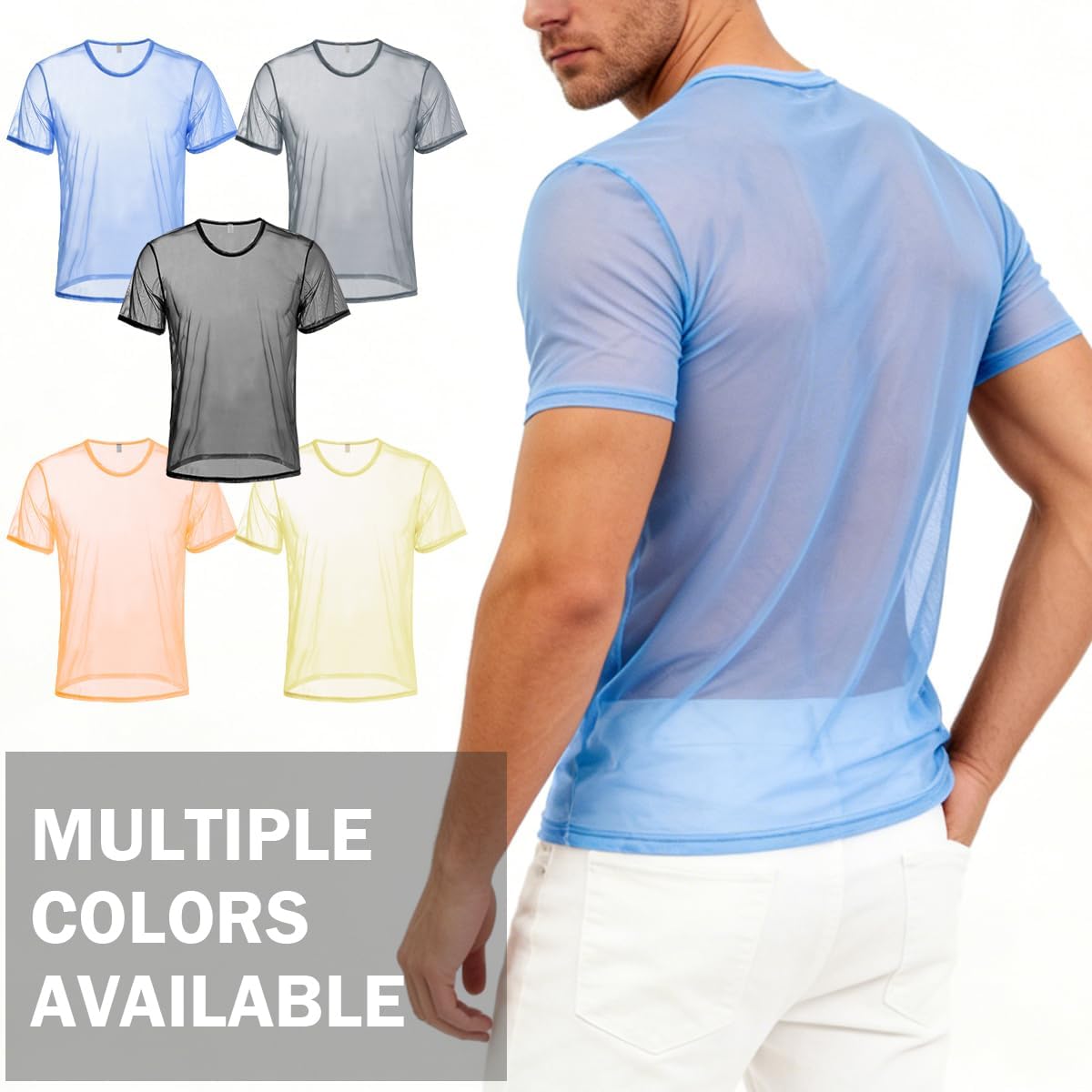 YINYOUYU Mens Mesh Shirt See Through Top Sexy Muscle Tee Lounge Short Sleeves Sheer Breathable T-Shirt Clubwear - Image 4