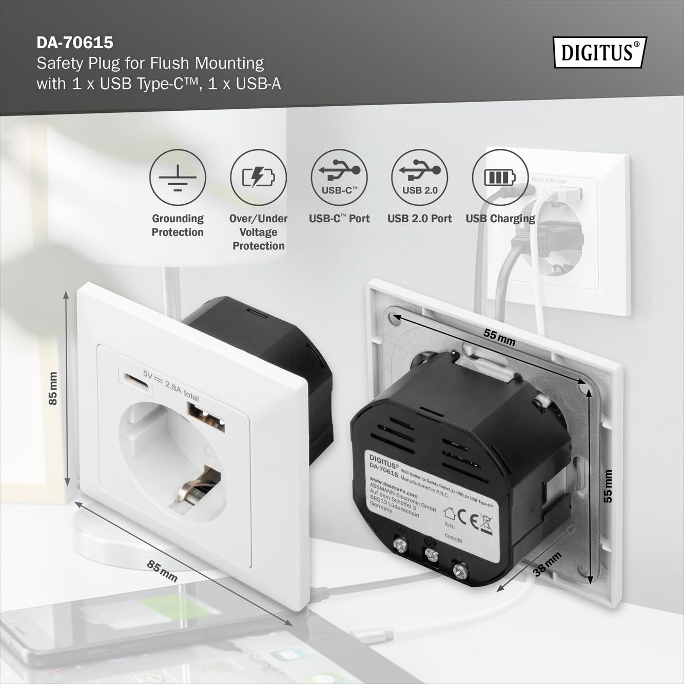 DIGITUS Set: Unterputz-Steckdose Mit USB Ladegerät - 2x Version-1 (Doppelt A) - 2x Version-2 (A + C) - Einbautiefe 32 mm - Bedingt Designfähig - Reinweiß RAL 9003