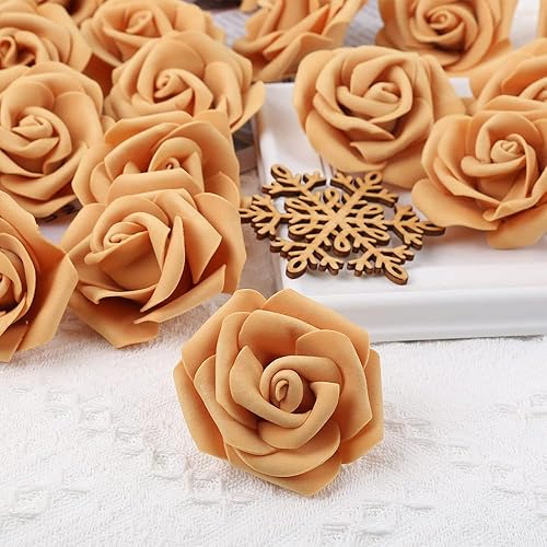 Miniatura 2 de IPOPU Cabezas de rosas artificiales, 100 rosas falsas de espuma de aspecto real dorado amarillo para bricolaje, bodas, baby shower, centros de mesa,