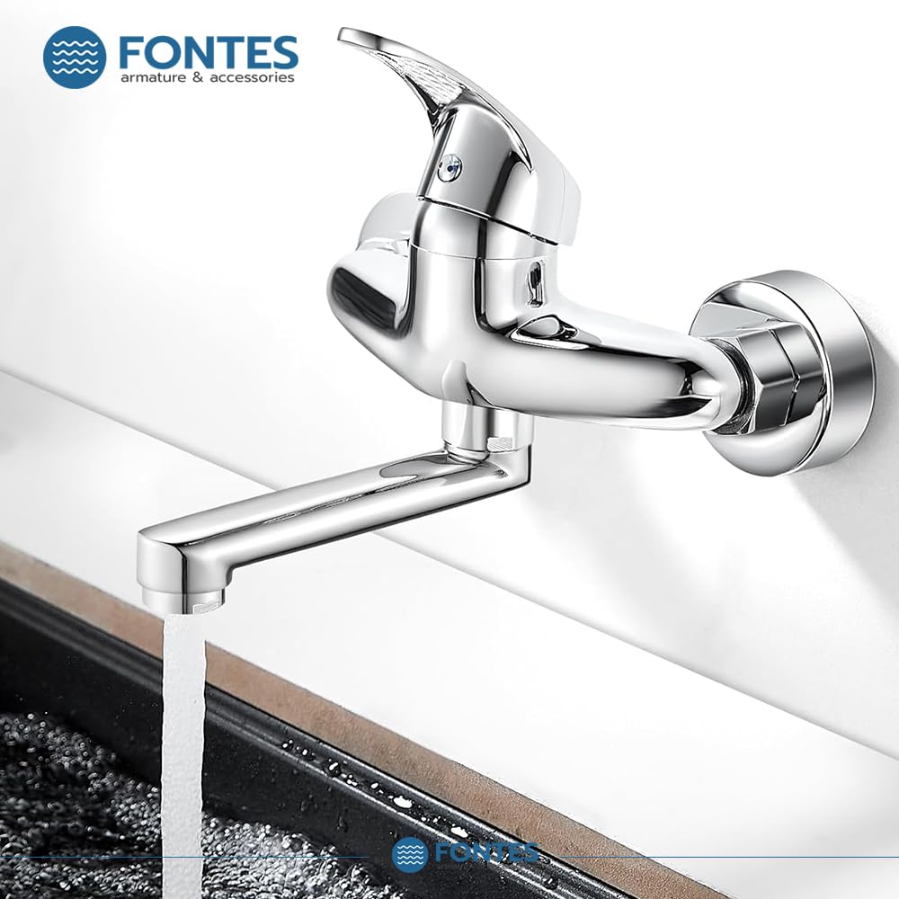 FONTES Wandwasserhahn Chrom, Spültischarmatur 360°, Wandarmatur für Küche/Ausgussbecken, Mischbatterie für Wandmontage, Drehbare Wasserhahn Küche, Kalt und Heiß Einhebelmischer, Schwenkarm 20cm