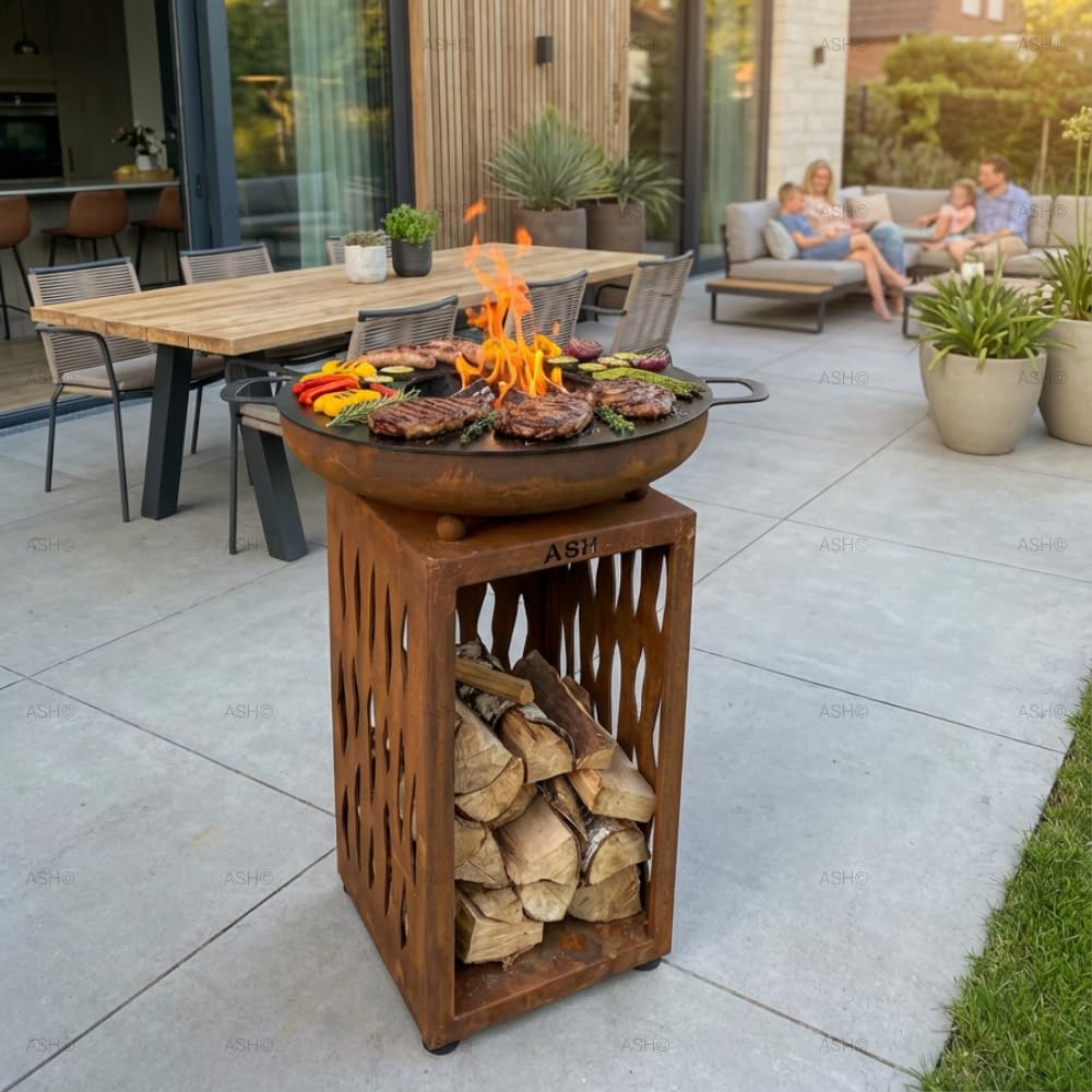 Plancha Acier Corten - BBQ Extérieur - Cheminée de Jardin - Rangement du Bois - Aspect Luxueux