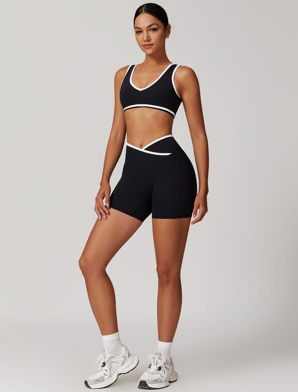 ABOCIW Workout Sets for Women Color Block Sports Bra Crossover Waist Shorts 2 Piece Gym Yoga Pilates Outfits - Image 4