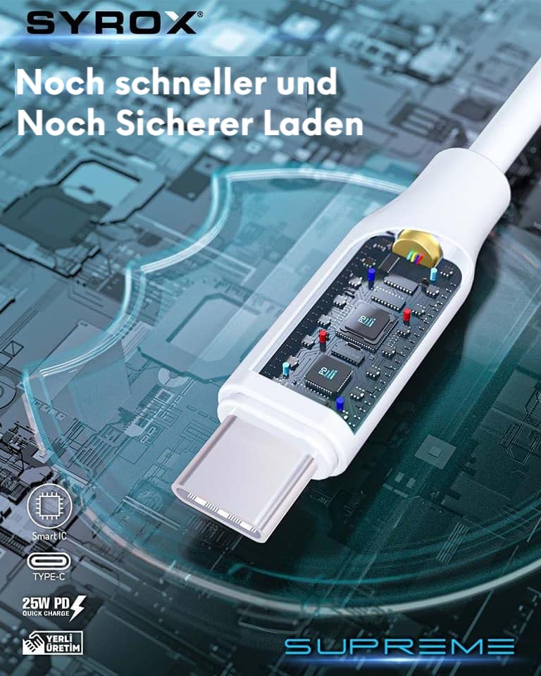 Syrox PD25TK Type-C To Type-C Pd 25W Hızlı Data/Şarj Kablosu 1 Metre Beyaz