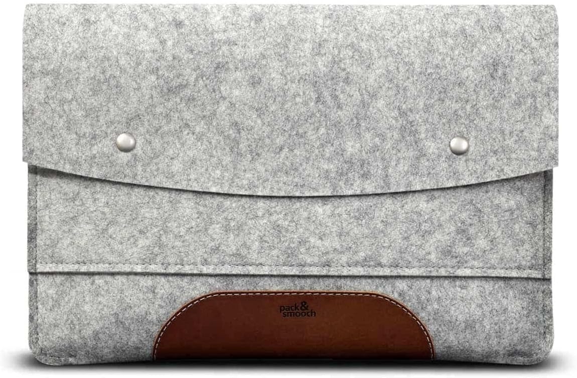 Pack & Smooch Sleeve for MacBook Pro 16" (2021-2023) | 100% Wool Felt & Vegetable-Tanned Leather | Handmade in Germany | Gray/Light Brown