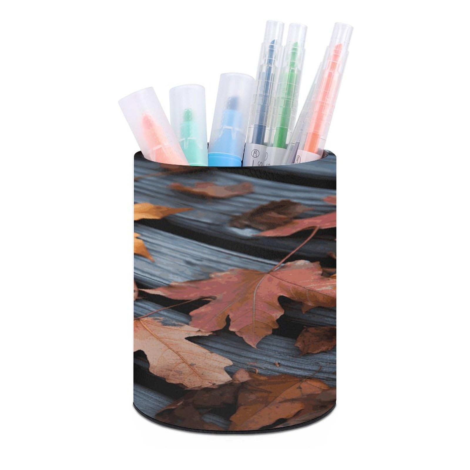 MUSM Fall Leaves Wood Pen Holder Large Capacity Pen Holder Modern PU Pencil Holders Durable Waterproof Pens Cup for Home Office Desktop Organizer