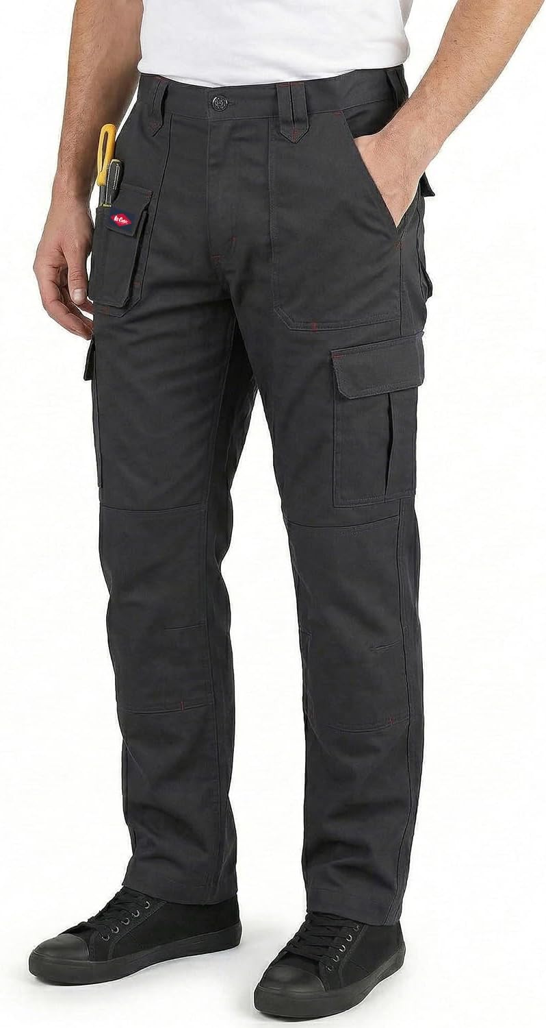 Men's Workwear Cargo Trousers with Knee Pad Pockets – Heavy Duty Multi Pocket Safety Work Pants, Durable Easy Care Work Trousers for Construction and Trade (Black/Navy)