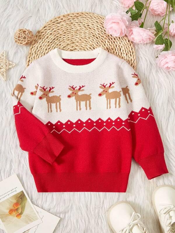 Image of Girls Christmas Pullover Sweaters Reindeer Elk Snow Long Sleeve Crew Neck Chunky Tops