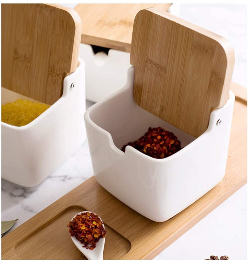 Barattoli per condimenti, Creatività Barattoli di spezie in ceramica Zuccheriera Contenitori for alimenti con cucchiaio e coperchio in legno for la cucina domestica(Twin)