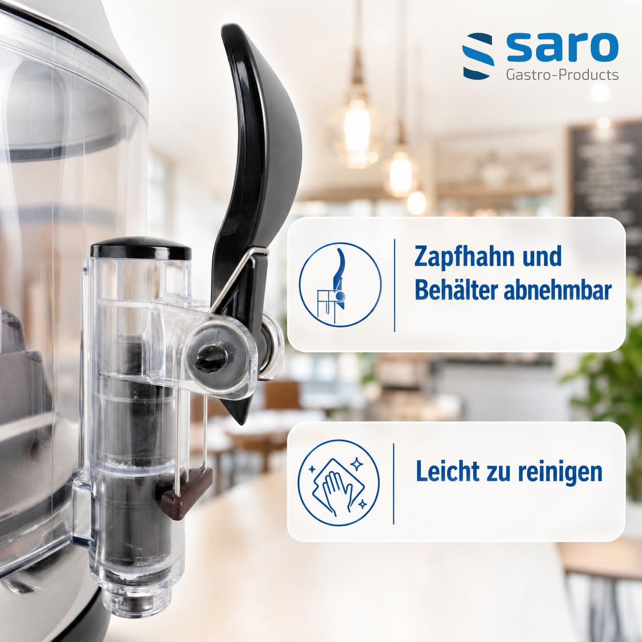 SARO Kakaodispenser – 5 L – Weiß – Rührwerk – Edelstahl-Deckel – Temperatur 30–90 °C – Abnehmbarer Behälter & Zapfhahn – Modell NINA