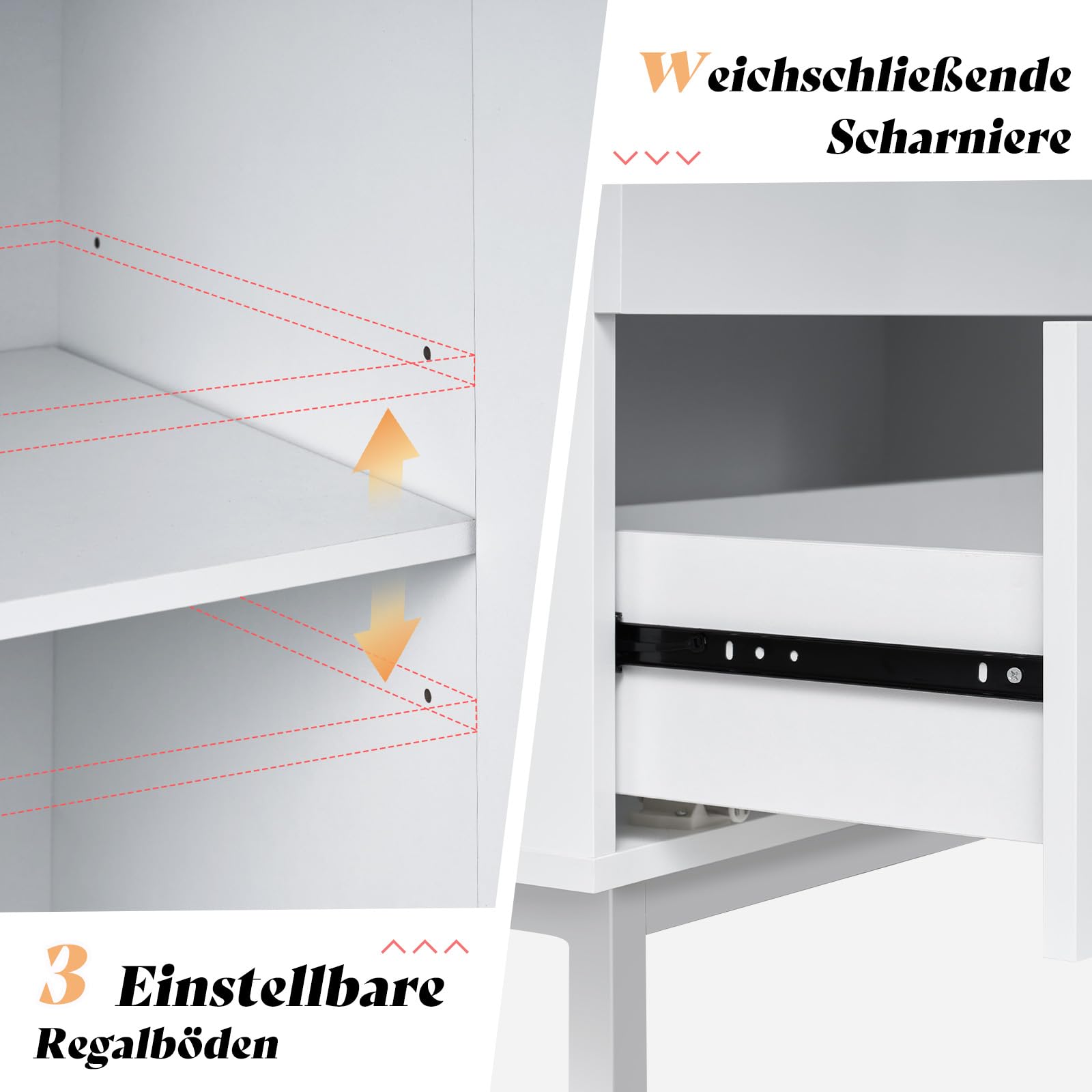 LUXOAK Moderner Hochglanz Schrank Weiß mit 2 Türen & 2 Schubladen – 86×40×178 cm Mehrzweckschrank mit Metallfüßen, Push-to-Open, Verstellbare Einlegeböden Für Wohnzimmer, Küche, Flur