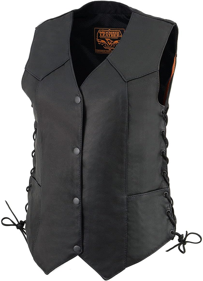 Milwaukee Leather MLL4546 Women's Black Premium Leather Lightweight V-Neck Motorcycle Rider Vest w/Side Laces - Image 7