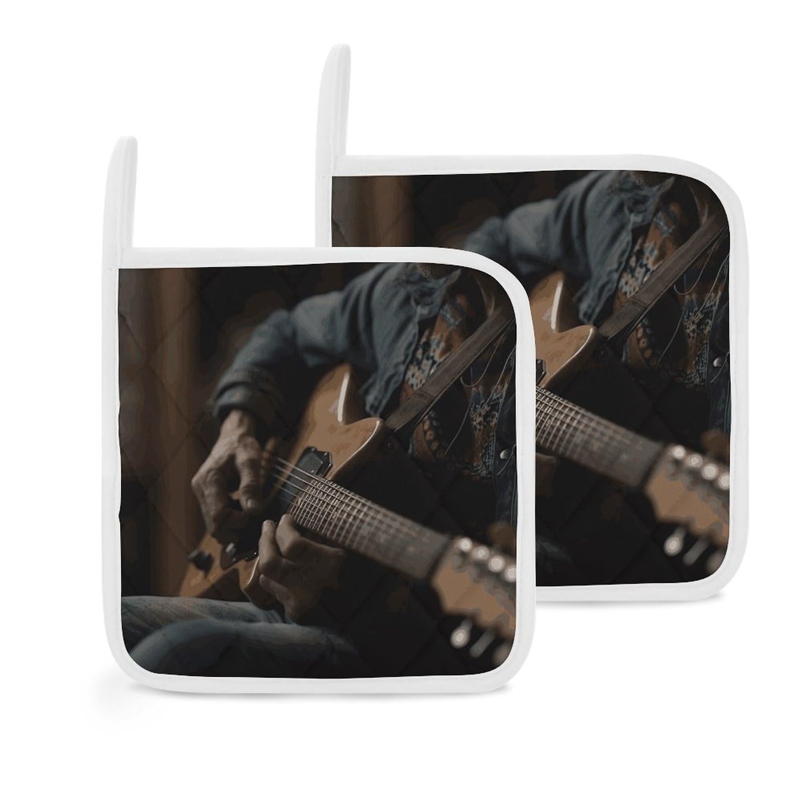 Btcowzrv Style Guitar Player 2 Pack Pot Holders For Kitchen, Heat Resistant Potholder Set With Hanging Loops, Hot Pads For Oven Baking Cooking