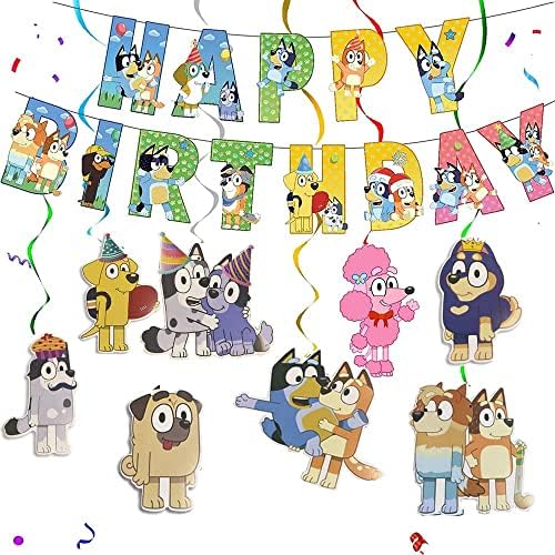 13Pcs Blueys party decoration,12pcs Blueys Hanging Swirls and 1 Happy Birthday Banner for Blueys party supplies