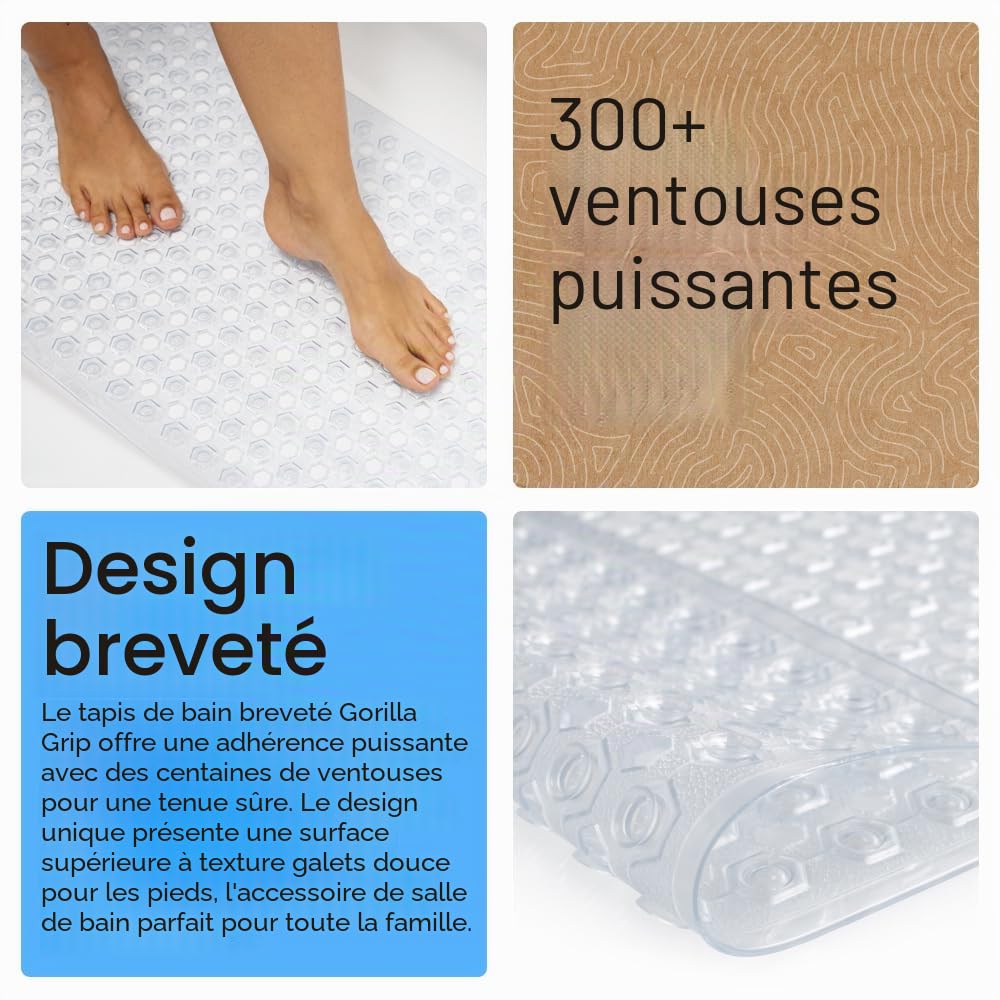 GORILLA GRIP Tapis de Bain rectangulaire (88,9 x 40,6 cm), antidérapant, Lavable en Machine, Transparent