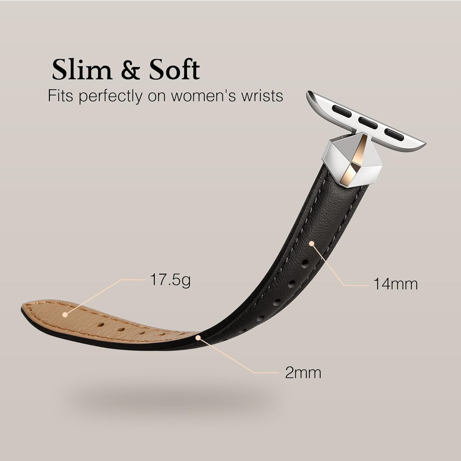 WFEAGL Leather Band Compatible with Apple Watch Bands Women 49mm 46mm 45mm 44mm 42mm(Series 3 2 1),Dressy Slim Grain Genuine Leather band for iWatch Ultra SE Series 10/9/8/7/6/5/4-Black/Silver&Gold