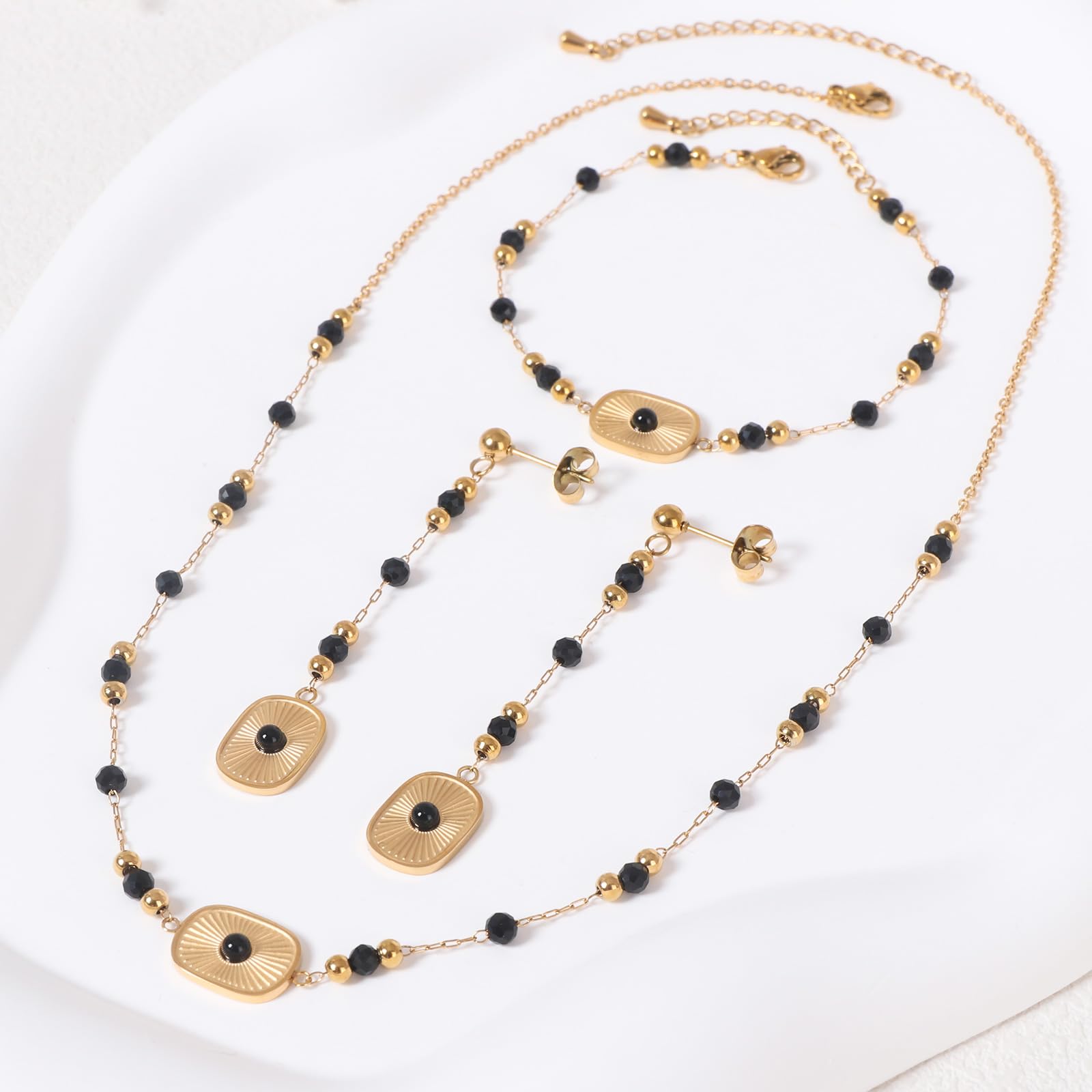 Juego de joyas de cuentas de piedra natural para mujer, juego de collar y aretes de bola redonda de acero inoxidable, regalo de Navidad para madre y esposa