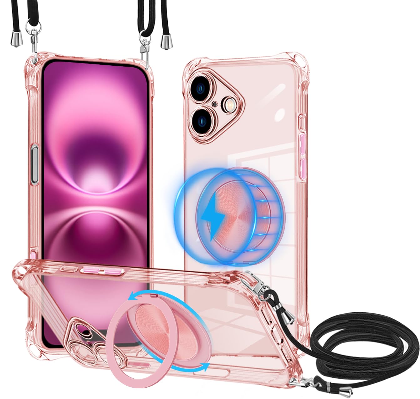 iPhone 16 plus保護ケースMagSafe対応360度回転リングブラケットワイヤレス充電可能iPhone 16 plusひも 斜掛け設計ストラップ着脱調節可能耐衝撃TPU薄材質ブラケットサポート横縦画面 車載対応 全方位保護便利