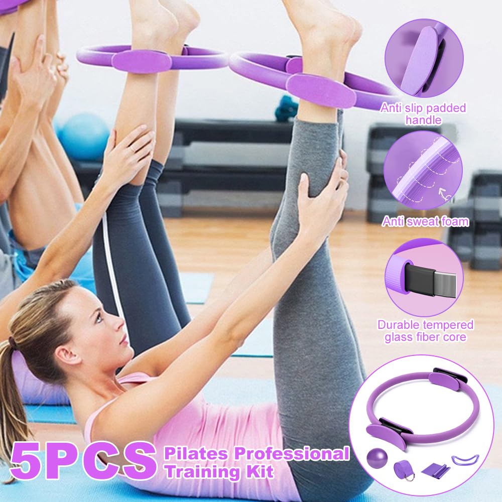 Set di Anelli per Pilates, 5PCS Kit di Anelli per Pilates, Pilates Essentials Kit, Inclusi L'anello di Pilates, Cerchia di Pilates, Palla Yoga, Cinghia Yoga E Fascia Fitness, per Esercizi