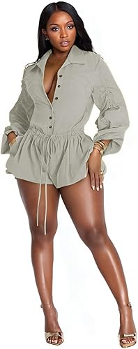 Famnbro Womens Summer Rompers Long Sleeve V Neck Drawstring Bubble Short Cute Ju