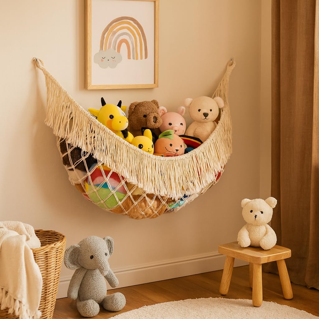 ecofynd Stuffed Soft Toy Organizer, Animal Toy Hammock, Hanging Cotton Storage, Boho Large Corner Plush Toys, Net Holder, Nursery Kids, Play Room, Bedroom, Kid Room (BH015), White