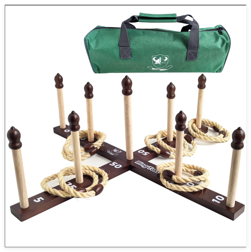 Wooden Quoits Ring Toss Game -Throwing Game Set including Carry Bag (10 x Rope Rings)