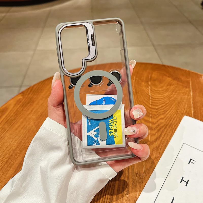 Image of LuxuryKase Clear Case Compatible with MagSafe for Samsung Galaxy S26 Plus | Shockproof Transparent Cover with Camera Lens Protection | Metal Ring Stand & Wireless Charging Support - Grey