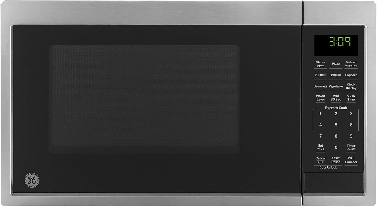 GE Smart Countertop Microwave Oven, 900 Watt, 0.9 Cu. Ft., Stainless Steel | 7 Convenience Cook Settings, One-Touch Controls, Child Lock Technology, Glass Turntable, for Kitchen, Dorm, Office, Apartment