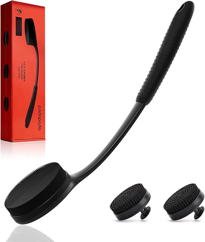 Escova de silicone para costas e corpo PADAPODO com 3 cabeças e cabos, preta