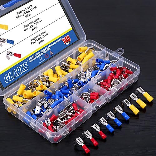 Glarks 140pcs 22-16/16-14/12-10 Gauge Semi-Insulated Piggy Back Spade Quick Splice Crimp Terminals Connectors Assortment Kit