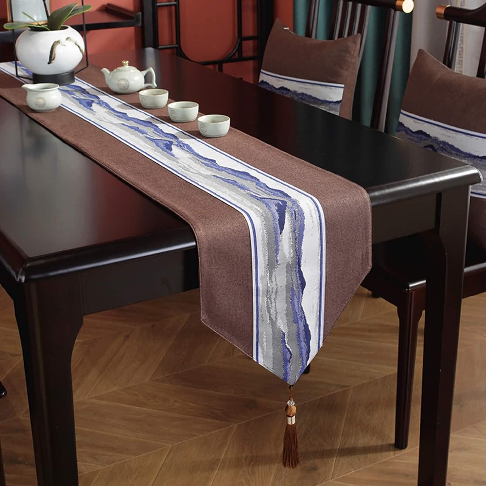 Christmas Table Runner, Chemin de Table Anniversaire Marron Coton 33x200CM Broderie de Peinture de Paysage Classique