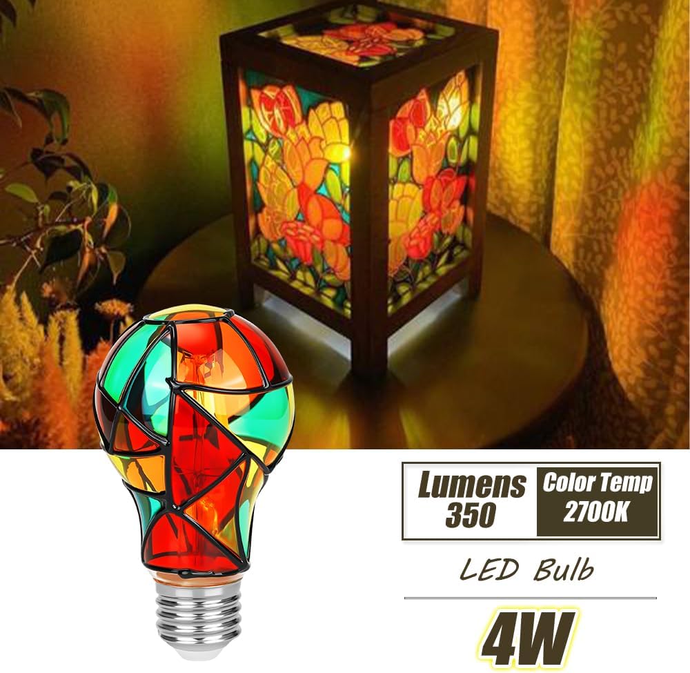 A19/A60 Stained Glass LED Light Bulb 4 Watts E26 Base Colored Colorful Multicolor Lightbulb for Christmas Xmas Unique Home Party Decoration,Dimmable-2Pack