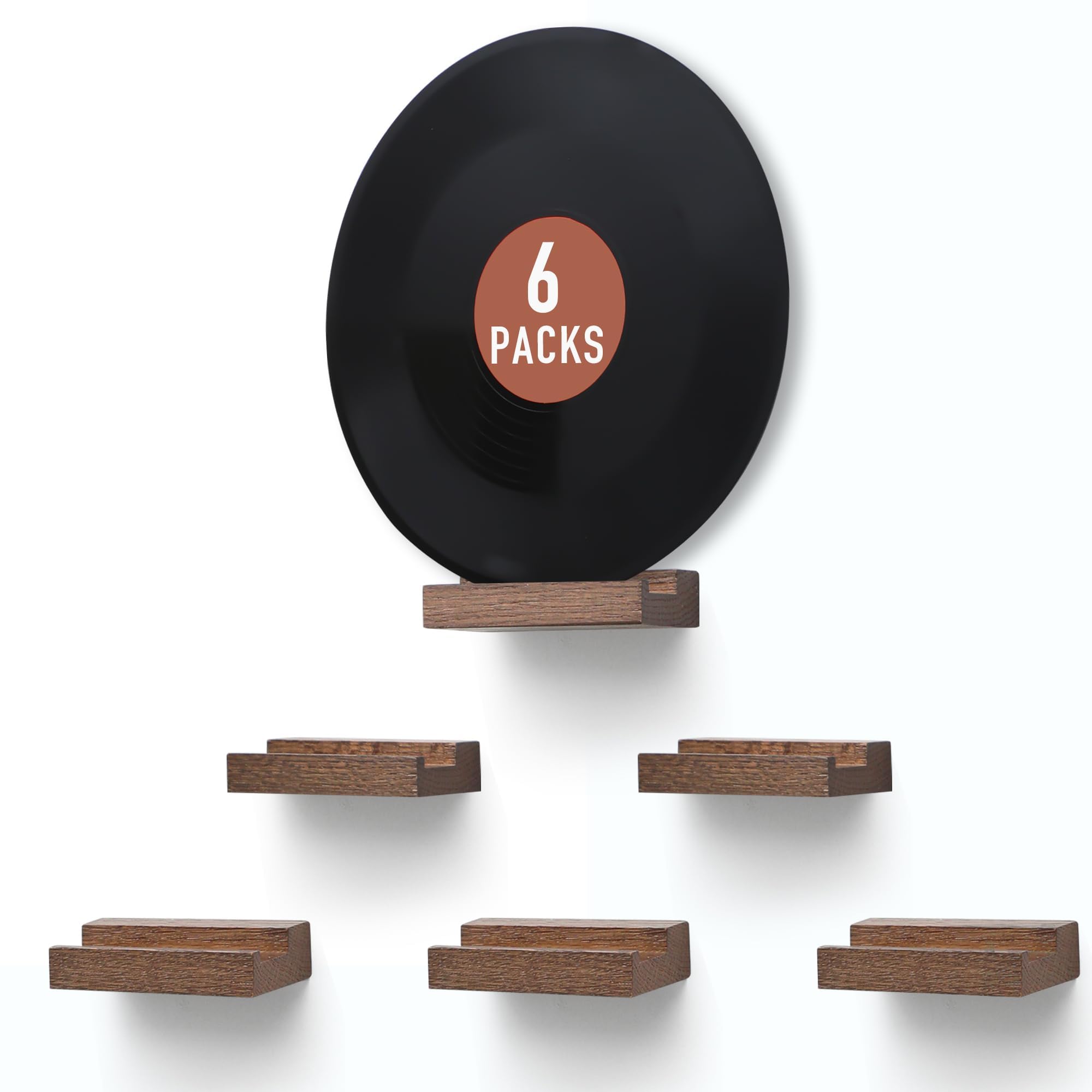 MIHORLIFE Solid Oak Wood, Record Wall Mount Shelf, Record Display Holder for LP Storage, Easy Install Floating Shelves(Light Walnut, Set of 6)